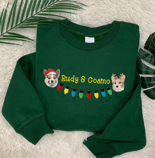 🔥 Hot Sale ✨ Custom 2 Pets Embroidered Portrait with Christmas Lights – Sweatshirt, Hoodie, T-Shirt 🎄